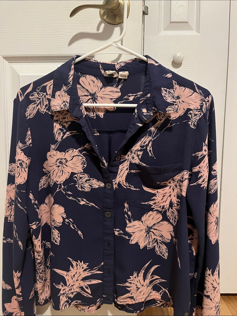 Navy Blue Button-Up Blouse with Pink Floral Print